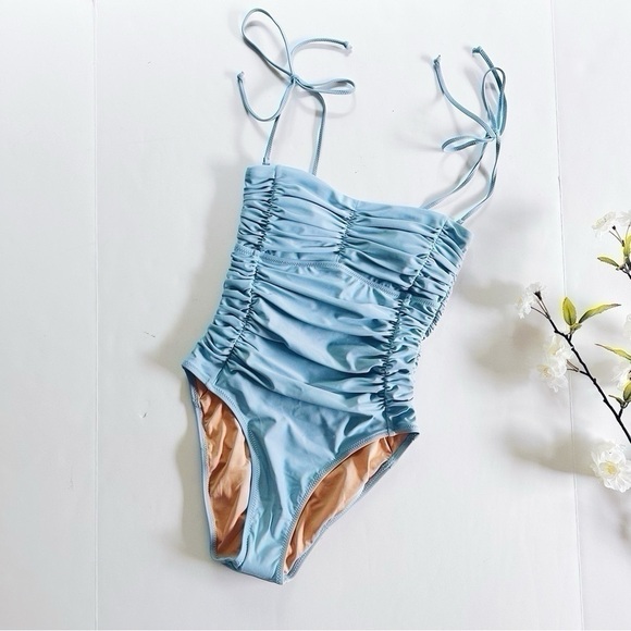 J.Crew Ruched Tie Shoulder One Piece Swimsuit Blue - Picture 1 of 9